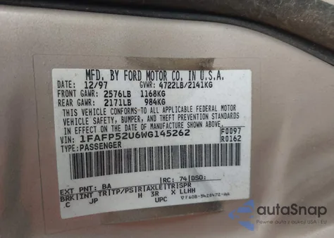 1998 Ford Taurus Lx/Se z USA, uszkodzony, nr VIN 1FAFP52U6WG145262